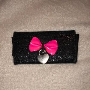 Black Glitter Wallet with Pink Bow and A Heart Locket